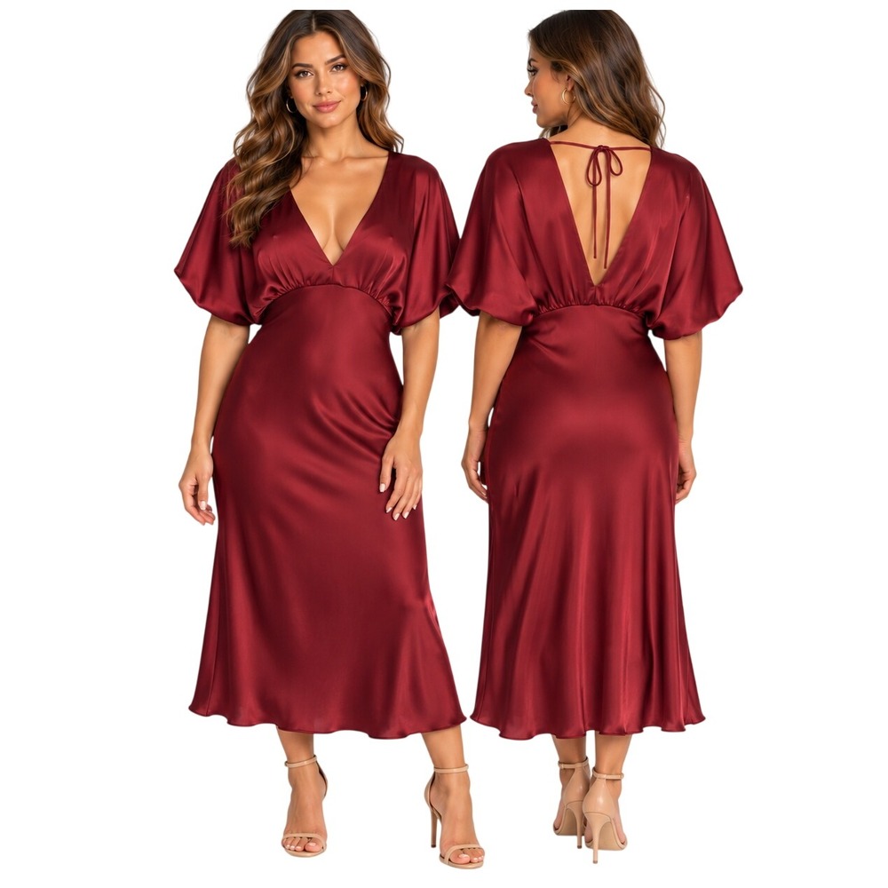 LOPATH Satin Midi Dress Large Burgundy Puff Sleeve Open Tie Back V Neck New